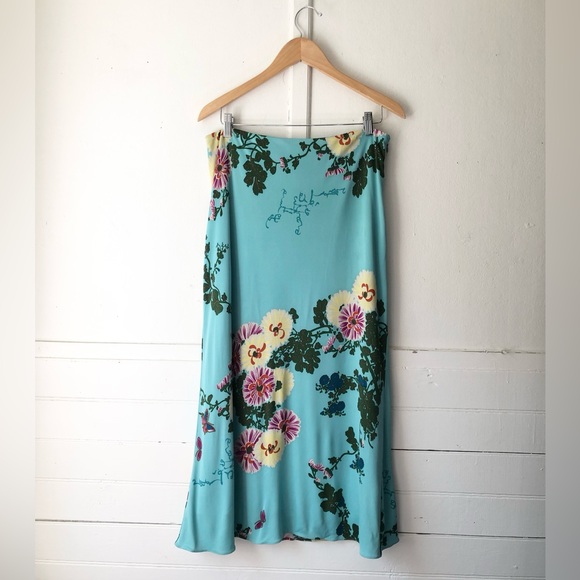 Vtg Emanuel Ungaro Floral Flower Butterfly Print Turquoise Viscose Midi Skirt 46 - Picture 3 of 17